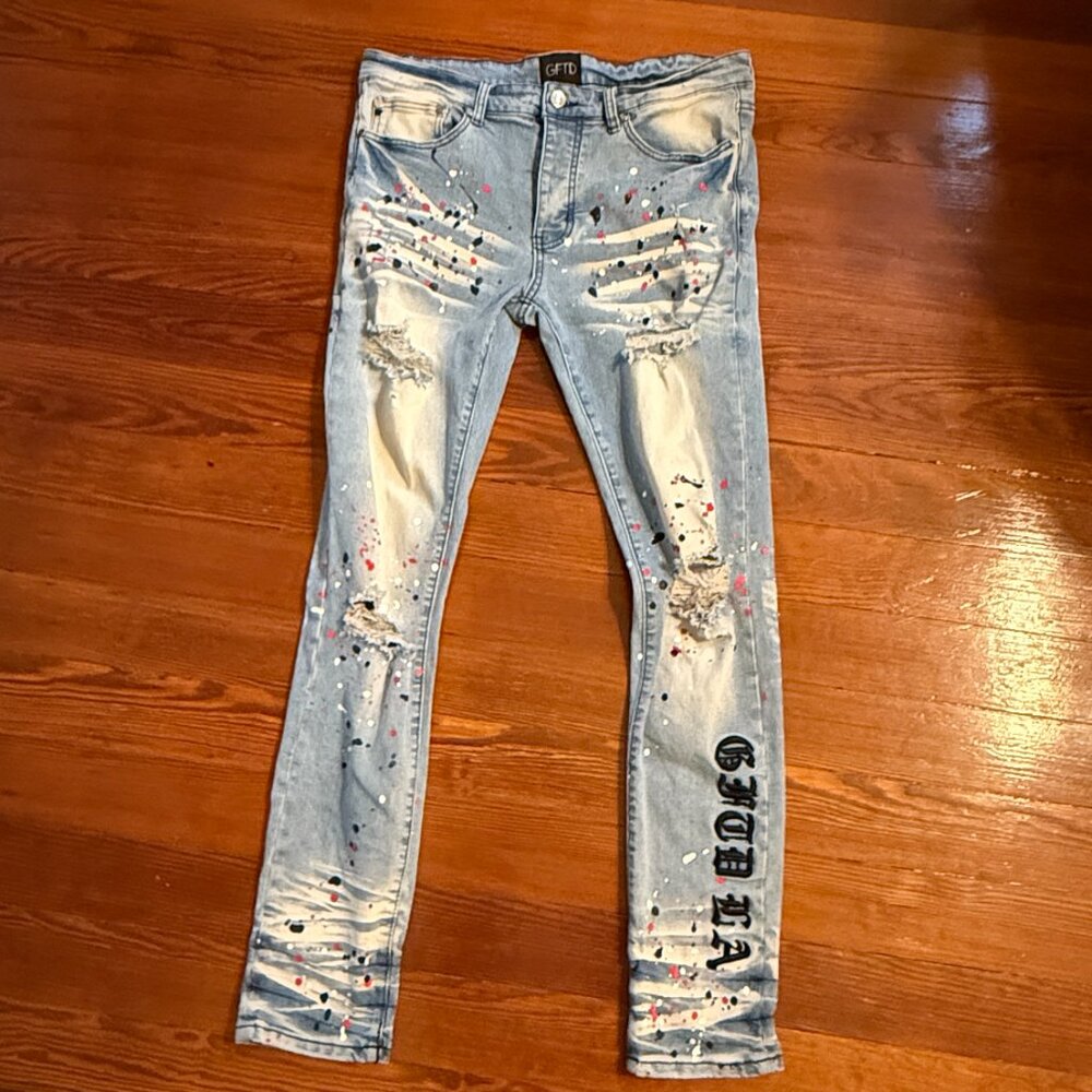 GFTD Los Angeles Jeans Men 34 PAINT SPATTER Y2K distressed Blue Denim 4 button